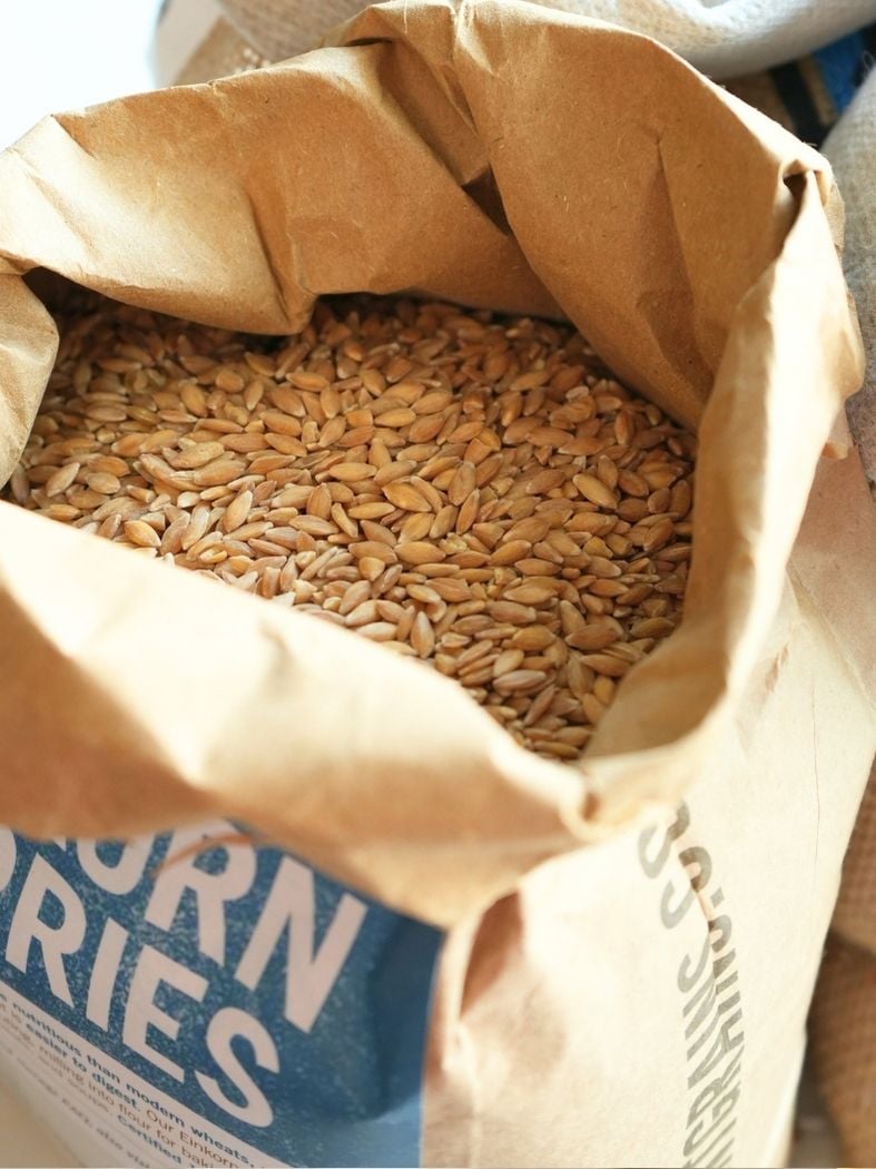 A bag of einkorn wheat berries