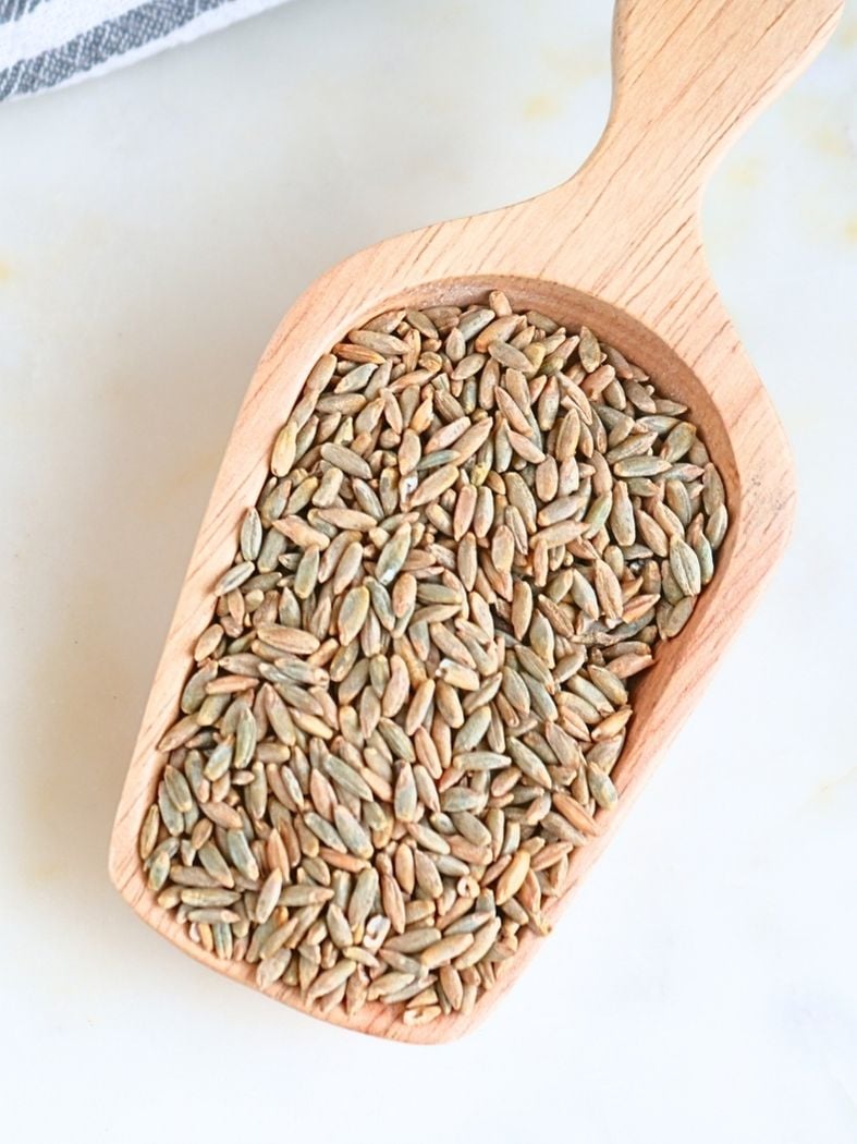 Rye wheat berries in a wooden scoop