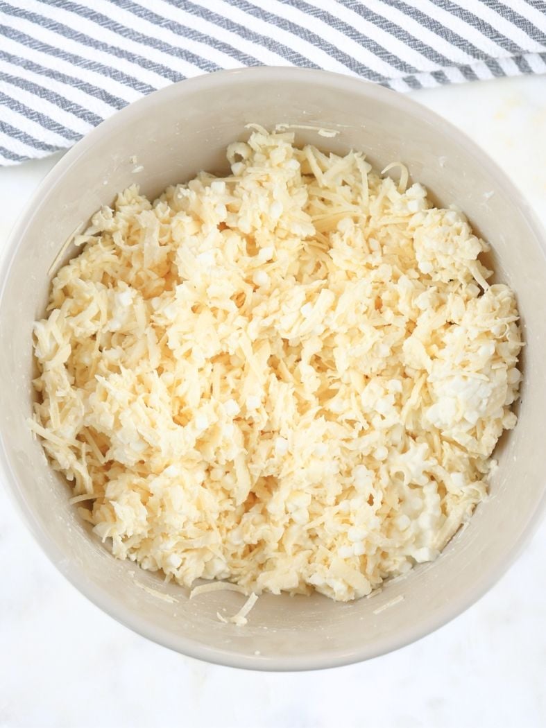 A large bowl of mozzarella cheese, parmesan cheese, and cottage cheese