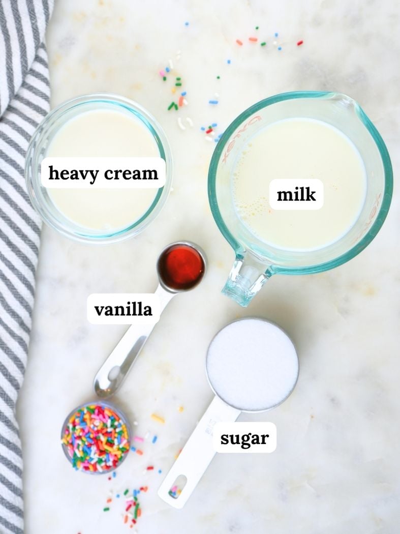 Homemade vanilla ice cream (no egg) ingredients displayed and labeled