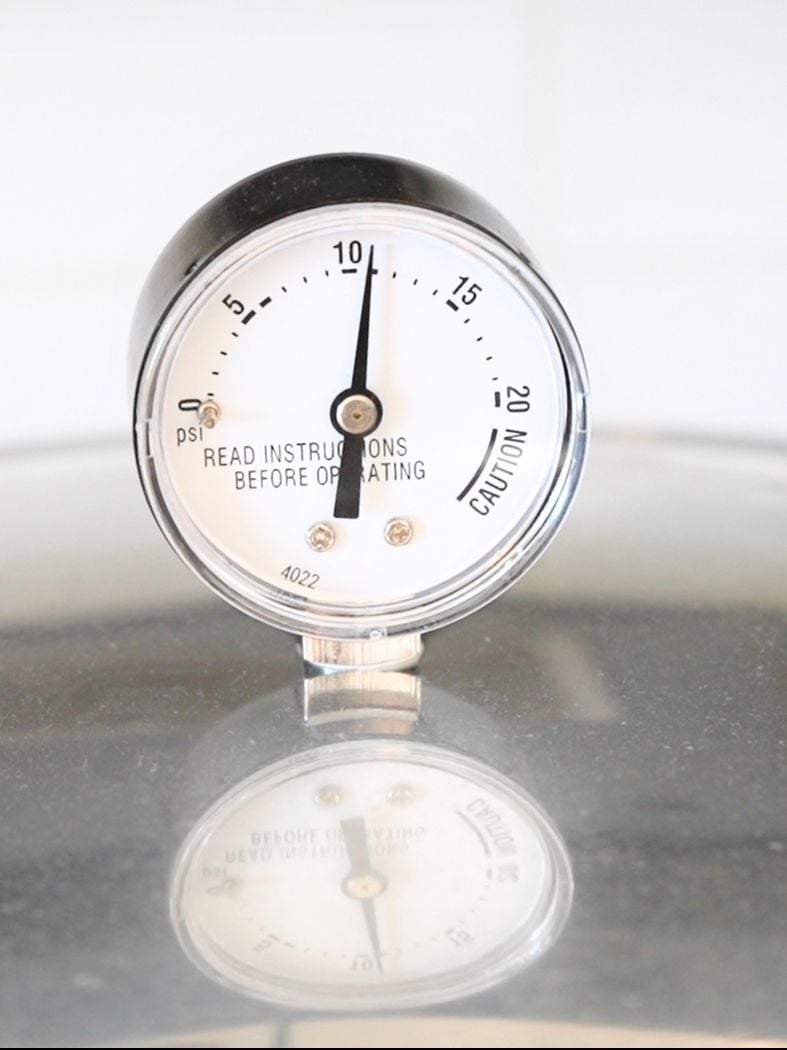 Close up of a pressure canner gauge at 11 pounds of pressure