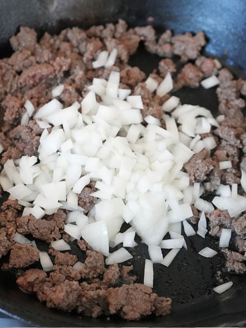 Chopped onions on ground beef