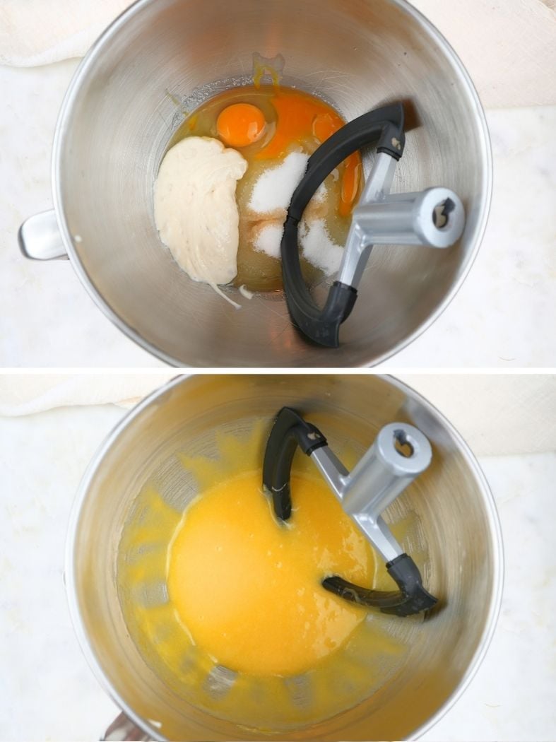 A split image: the top showing the wet ingredients in a stand mixer bowl, the bottom showing them mixed together