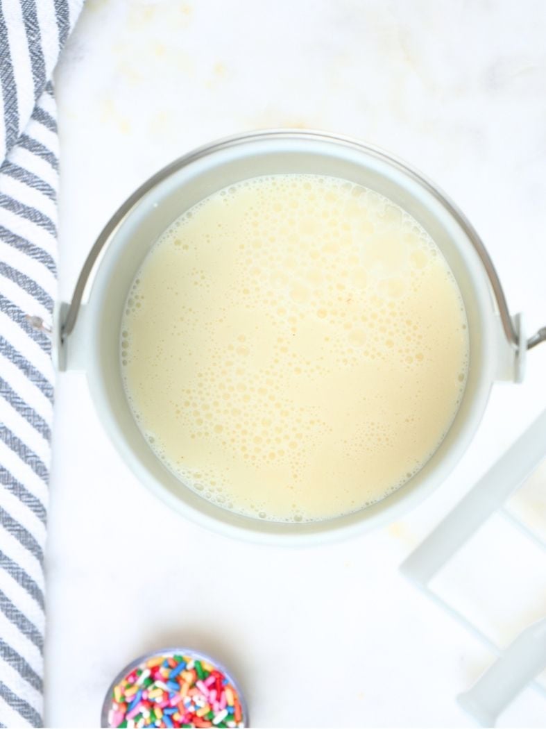 Homemade vanilla ice cream (no egg) mixture in a ice cream maker container