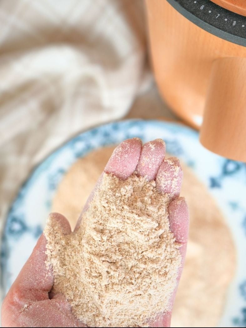 A hand holding milled flour over a decorative plate and a grain mill