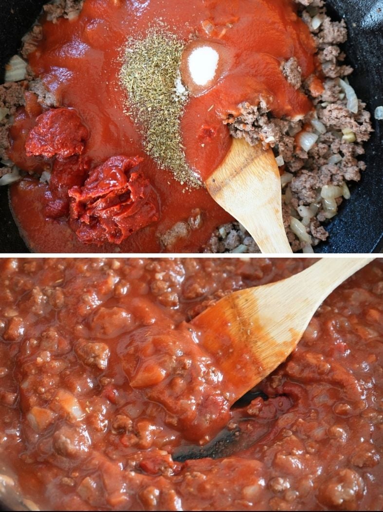 A split image. The top showing the tomato sauce ingredients in the skillet, the bottom showing it mixed together