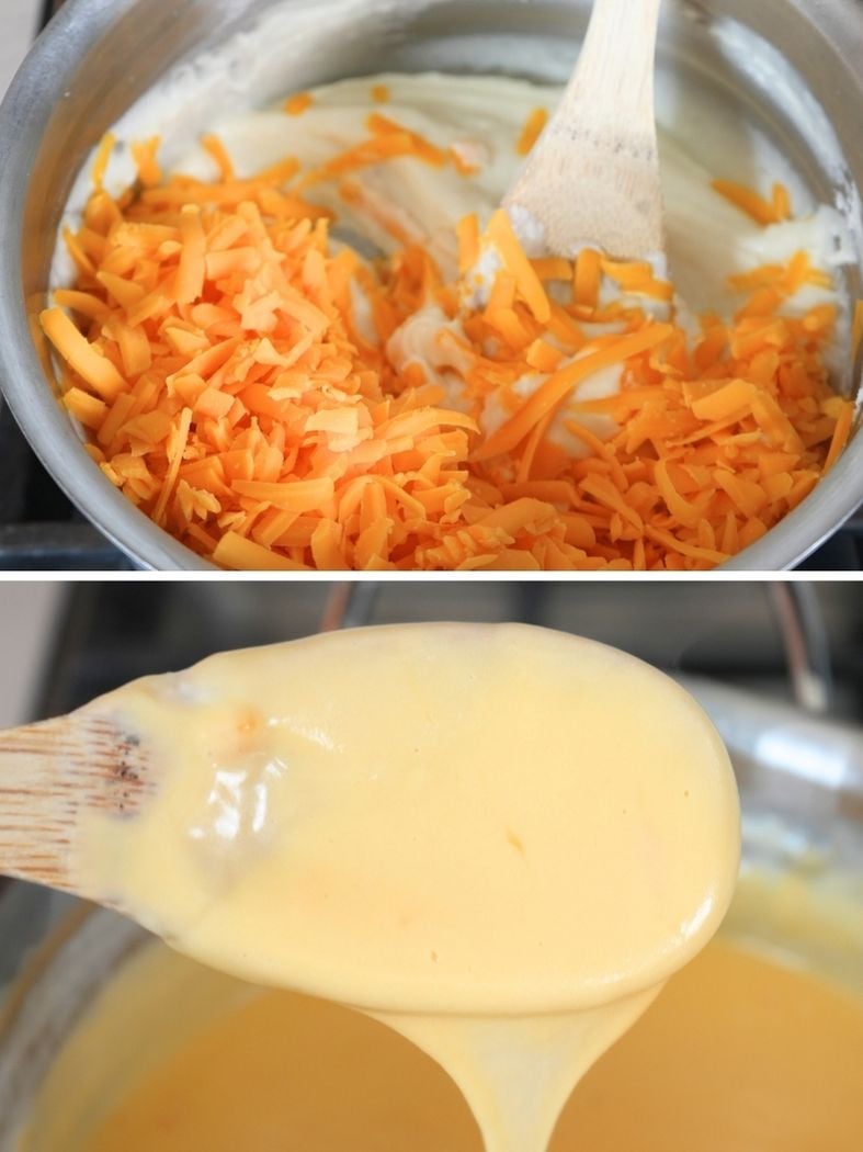 A split image: the top showing shredded cheese in the sauce, the bottom sauce the cheese sauce consistency on a wood spoon