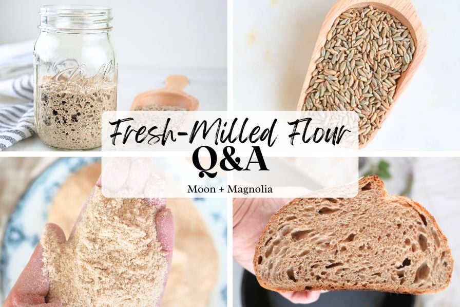 A collage of images showing fresh-milled flour and text overlay "Fresh-Milled Flour Q&A"