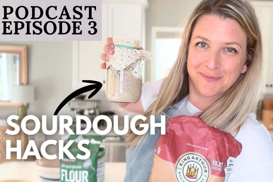 Simple sourdough for busy schedules thumbnail. A woman holding sourdough starter and a bag of flour. Text overlay "Sourdough Hacks"