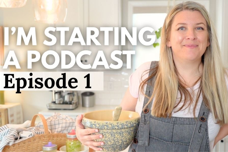Woman standing in kitchen holding a bowl Text overlay: "I'm starting a podcast. Episode 1"