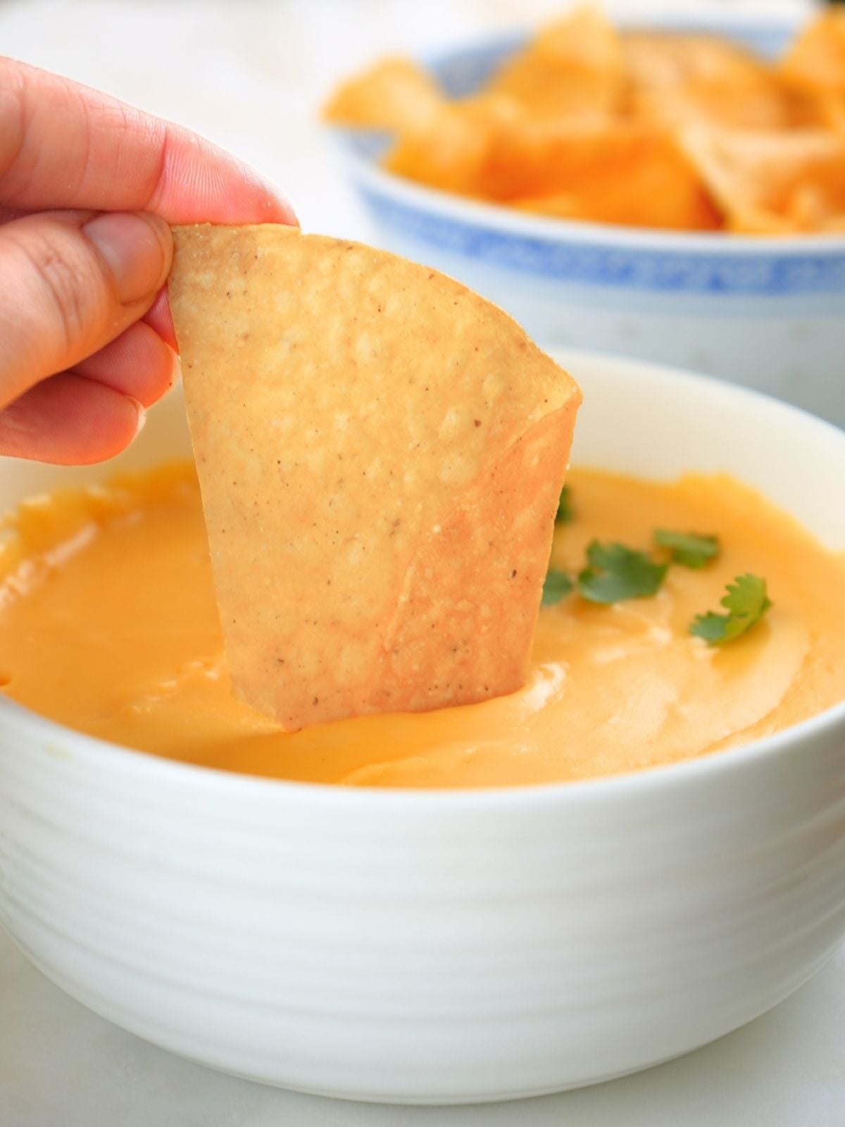 A hand dipping a tortilla chip in a bowl of sourdough discard cheese sauce
