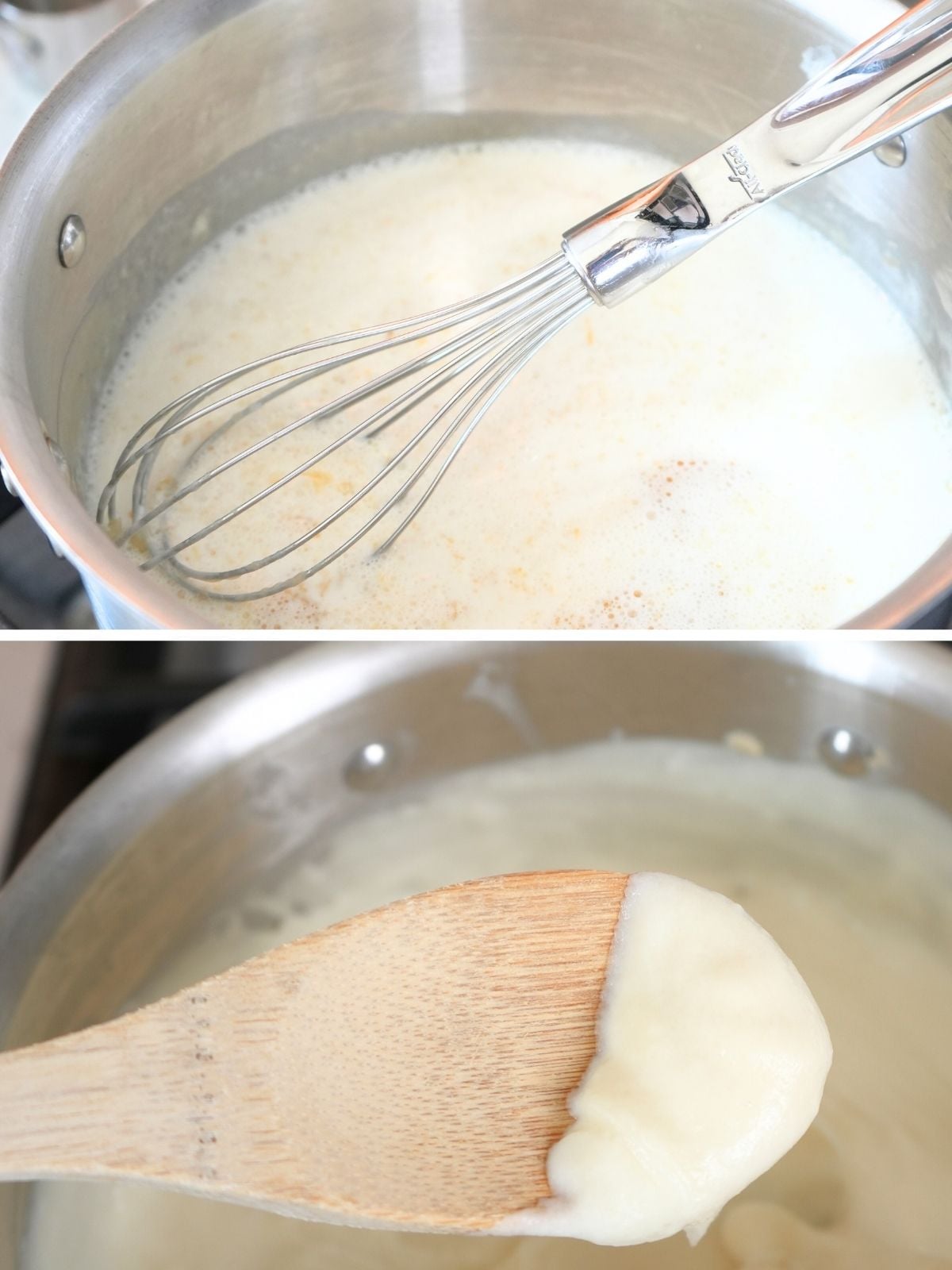 Milk whisked into the roux and sauce on a spoon.