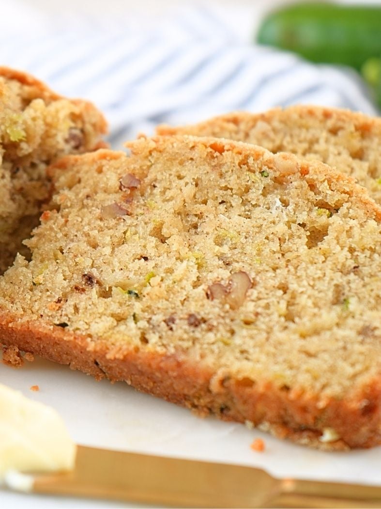 Close up of a slice of sourdough zucchini bread