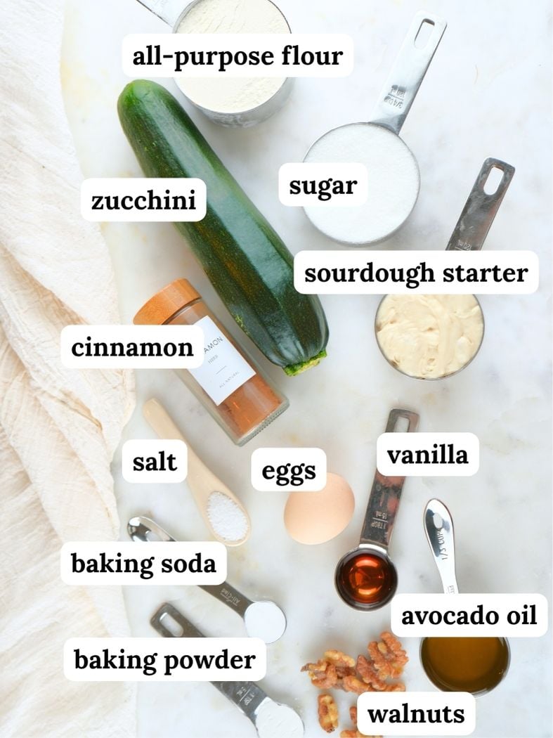 Sourdough discard zucchini bread ingredients displayed and labeled