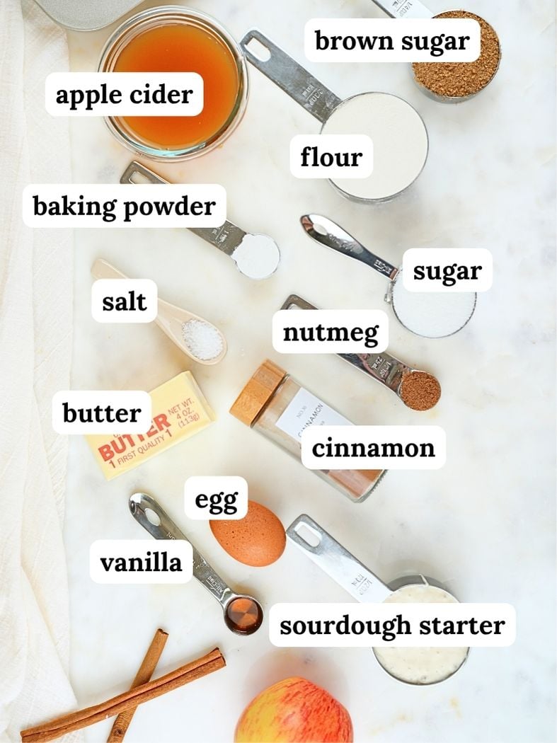 Sourdough apple cider donuts ingredients displayed and labled