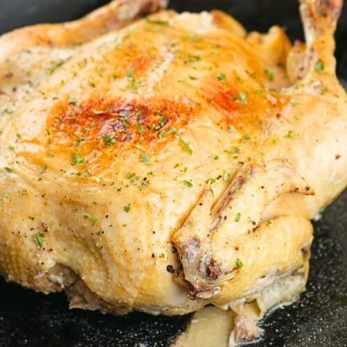 A whole chicken resting on a skillet that was cooked from frozen in an Instant Pot