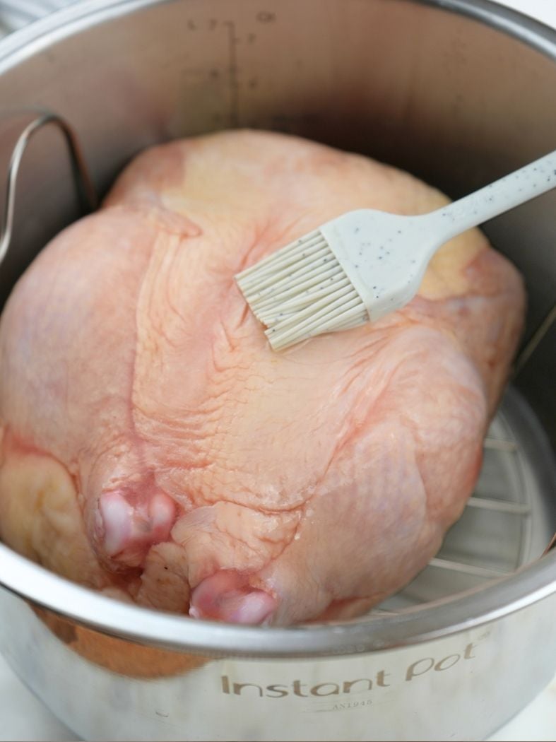 A frozen whole chicken in an Instant Pot, shown with a silicone brush