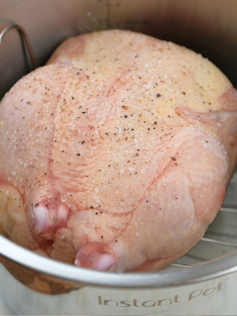 A frozen chicken in an Instant Pot seasoned with salt and pepper