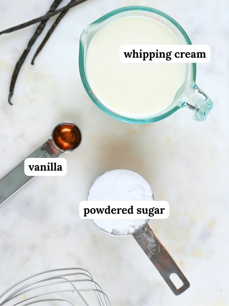 Ingredients for whipped cream recipe with vanilla displayed and labeled