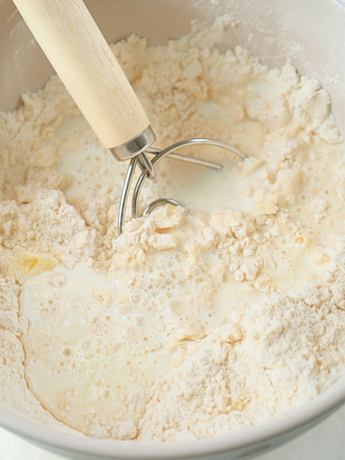 Dry ingredients with milk poured in.