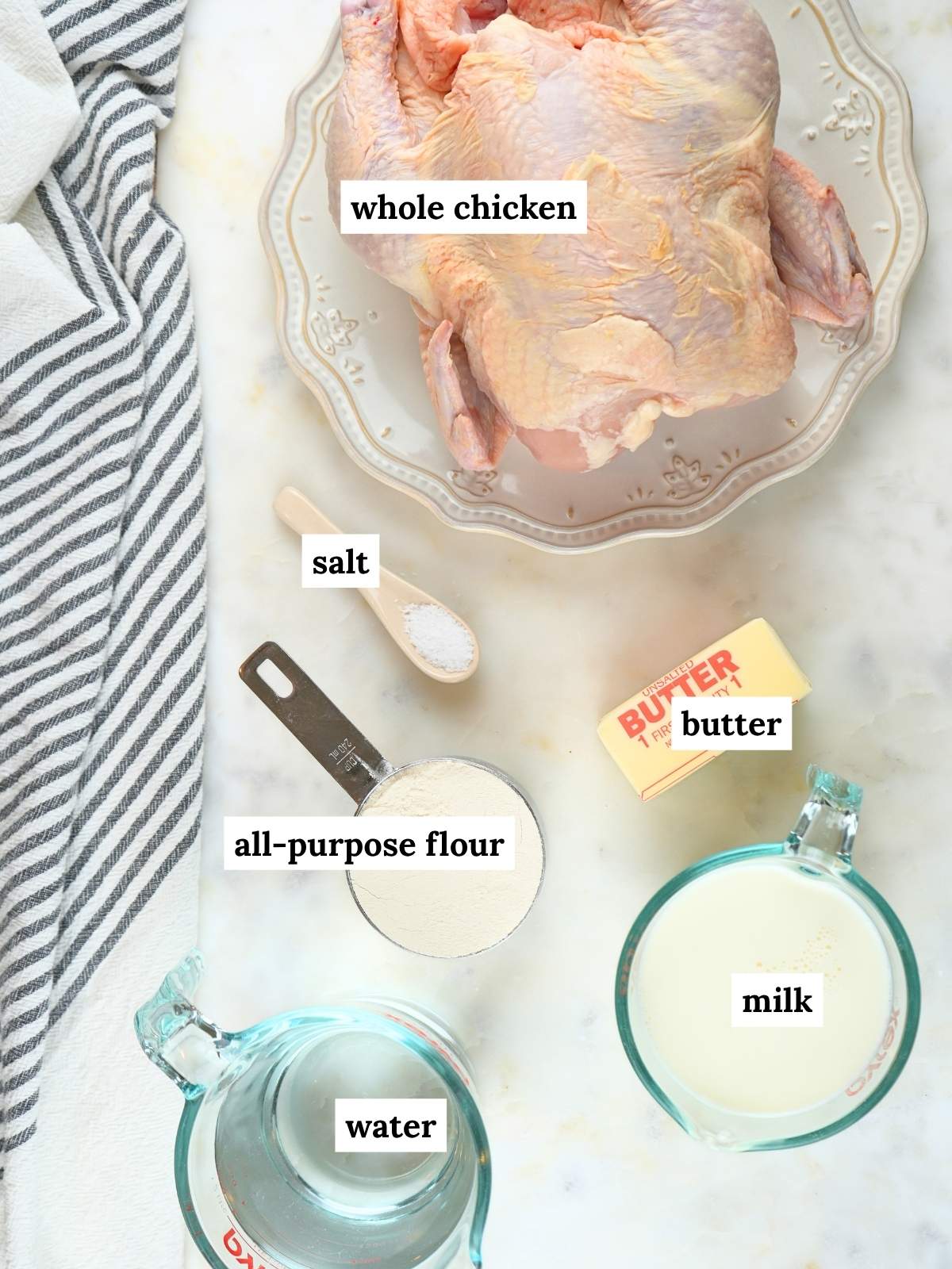 Chicken and pastry ingredients displayed and labeled.