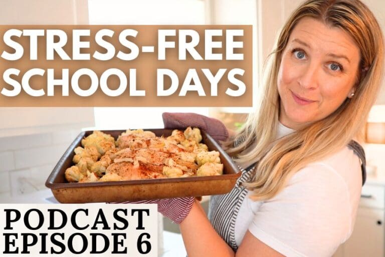 A woman in a kitchen holding a tray of roasted veggies. Text overlay says, "Stress-Free School Day, Episode 6"