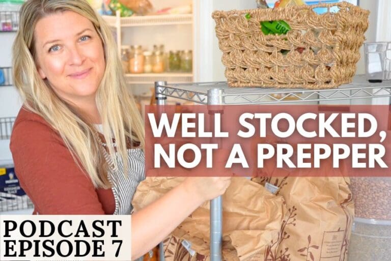 A woman with a cart of pantry items. Text overlay says, "Well Stocked, Not a Prepper"