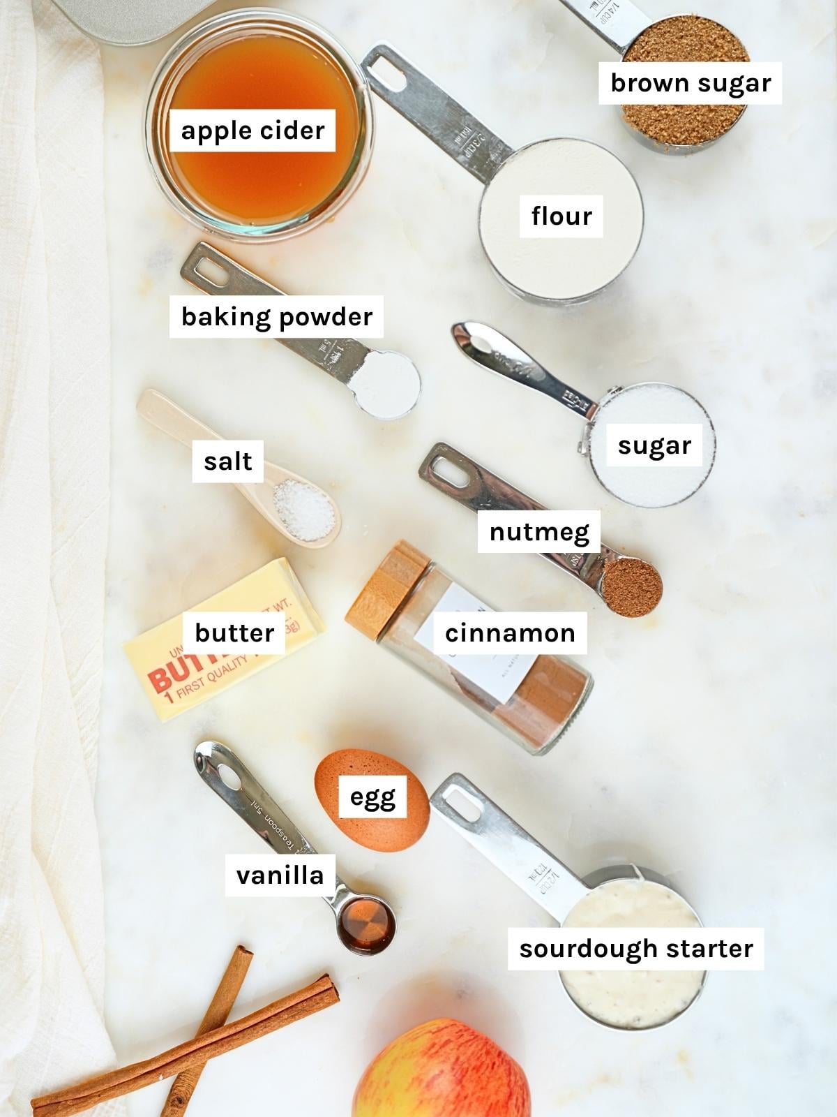 Sourdough apple cider donuts ingredients displayed and labeled.