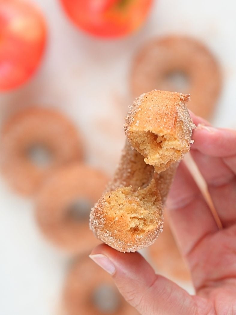 A hand holding a sourdough apple cider donut with a bite out of and more donuts and apples in the background