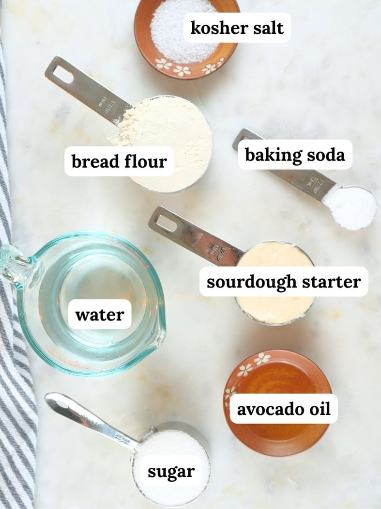 Sourdough soft pretzel recipe ingredients displayed and labeled
