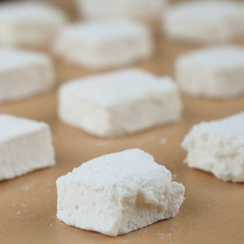 Homemade beef gelatin marshmallows lined up on parchment paper