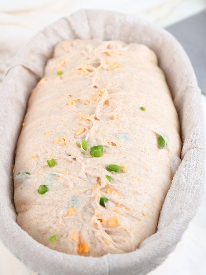 Cheddar jalapeño bread dough in a banneton basket