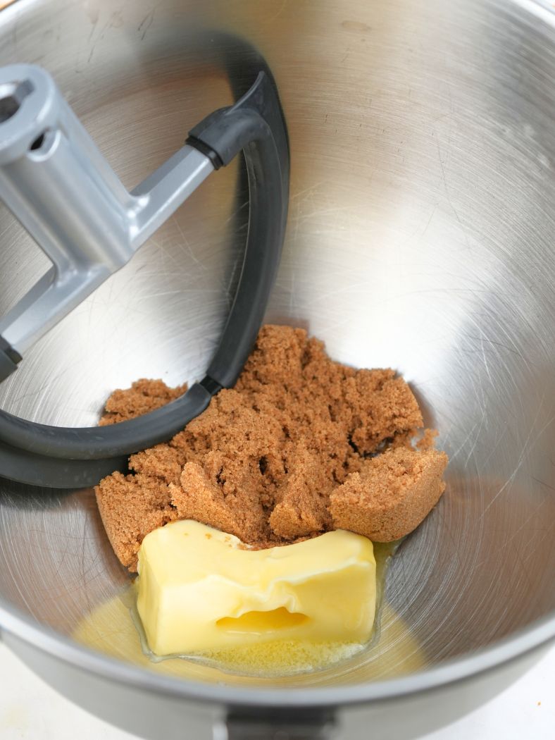 Butter and brown sugar in a stand mixer bowl