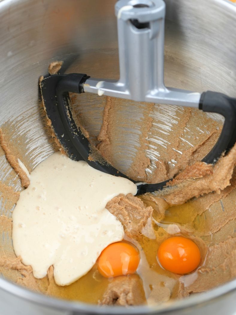 Creamed butter and sugar with eggs and sourdough starter