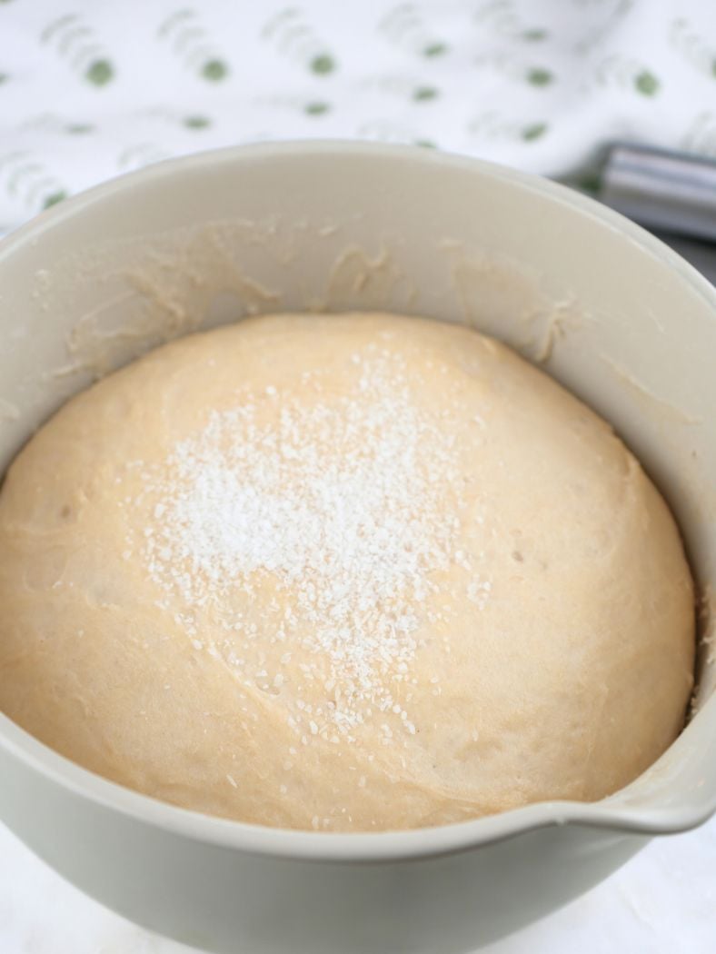 Fermented sourdough English muffin dough in a bowl with salt sprinkled on top