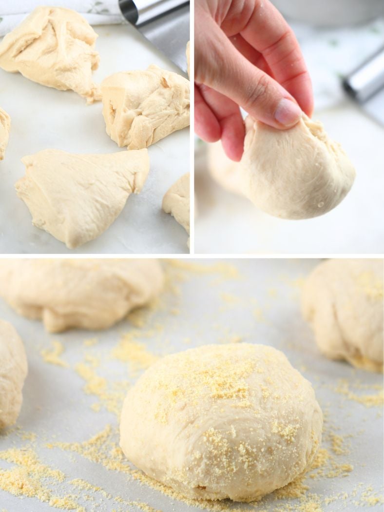 Split image showing the shaping process for sourdough English muffins