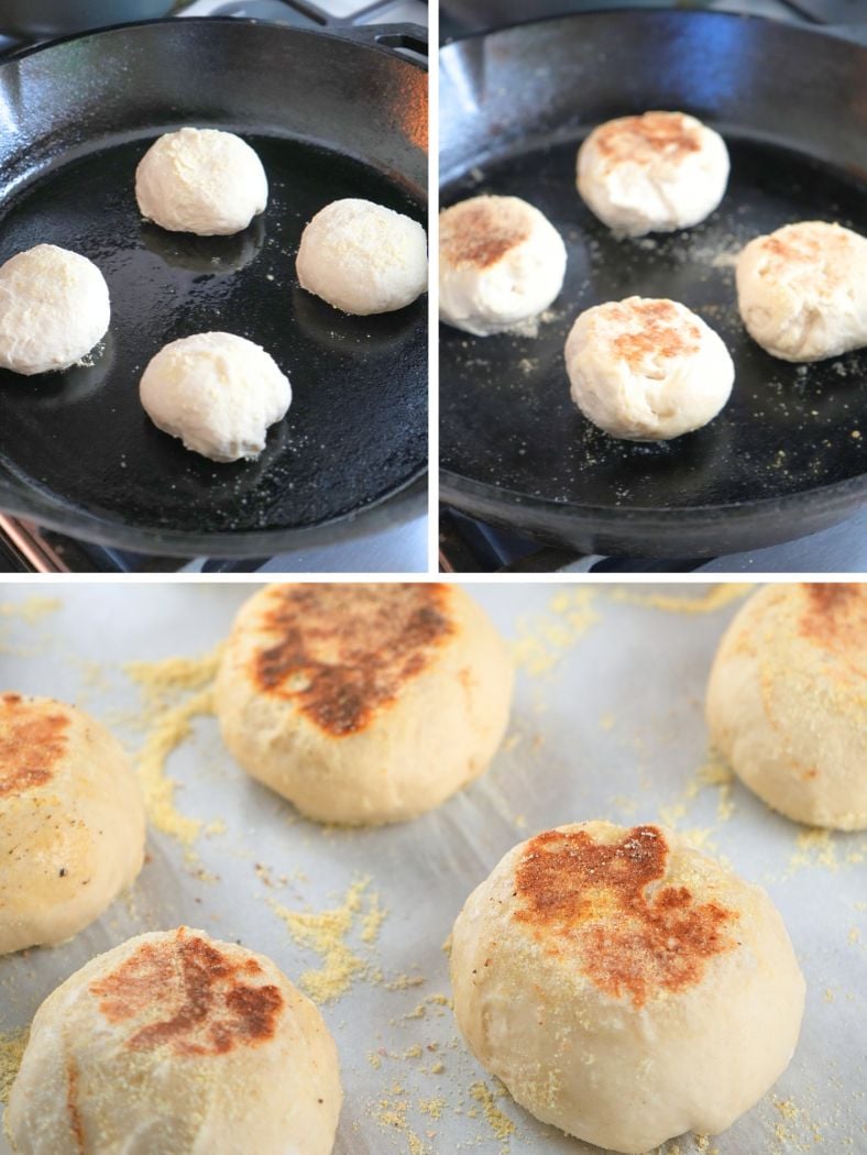 A split image showing the cooking and baking process for sourdough English muffins