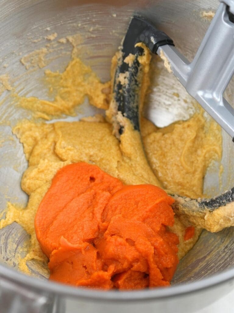 Wet ingredients with canned pumpkin added, shown with a paddle attachment.