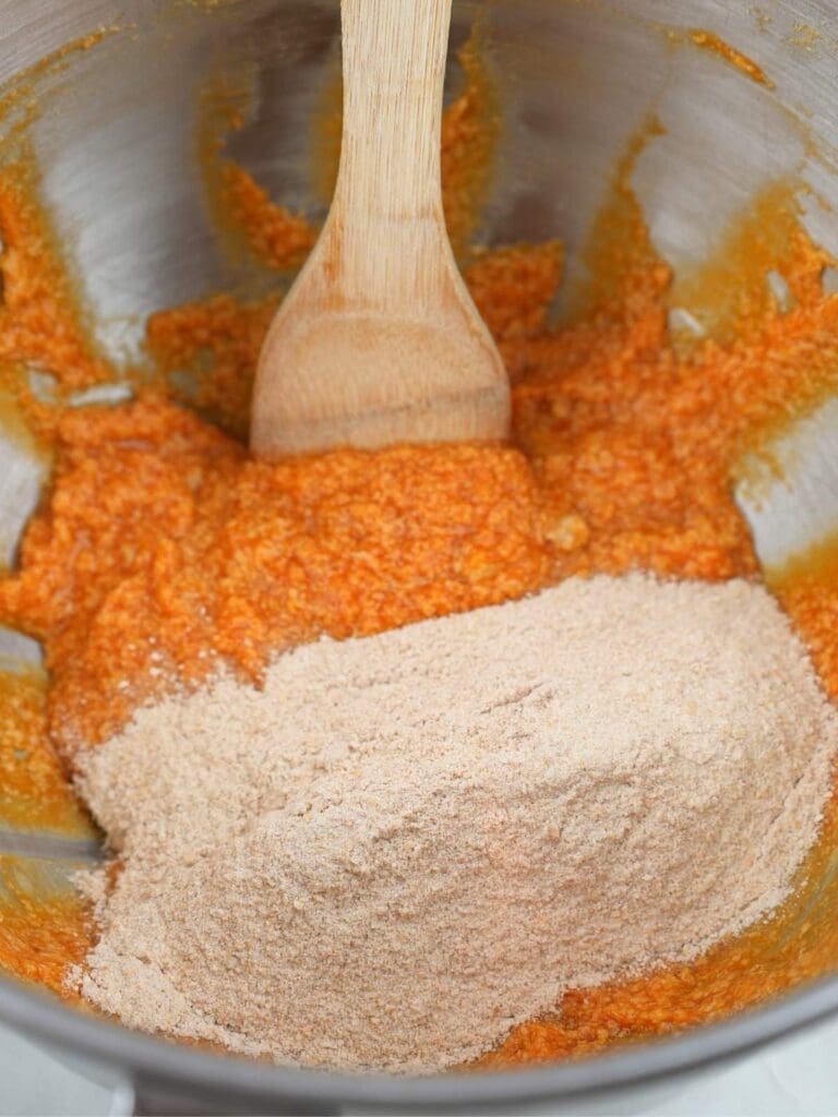 Wet ingredients with fresh-milled flour added.