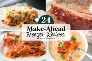 A collage of meals with text overlay, "24 Make-Ahead Freezer Recipes"