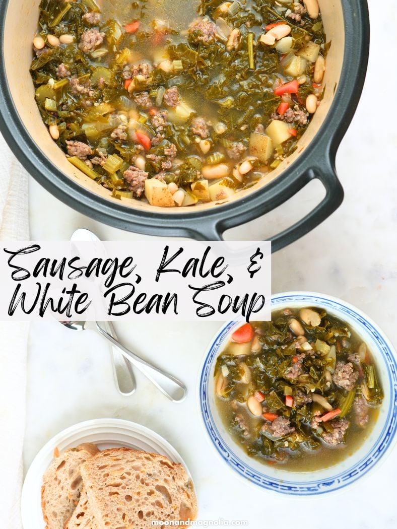 Overhead view of a pot and a bowl of soup, shown with a a plate of bread and spoons. Text overlay says, "Sausage, Kale, and White Bean Soup."