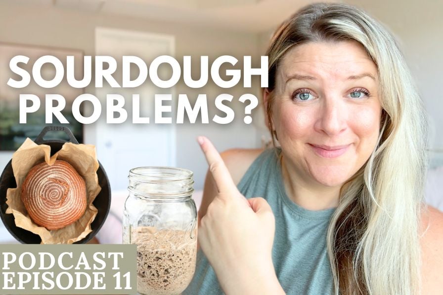 A woman pointing to text overlay that says "Sourdough Problems?"