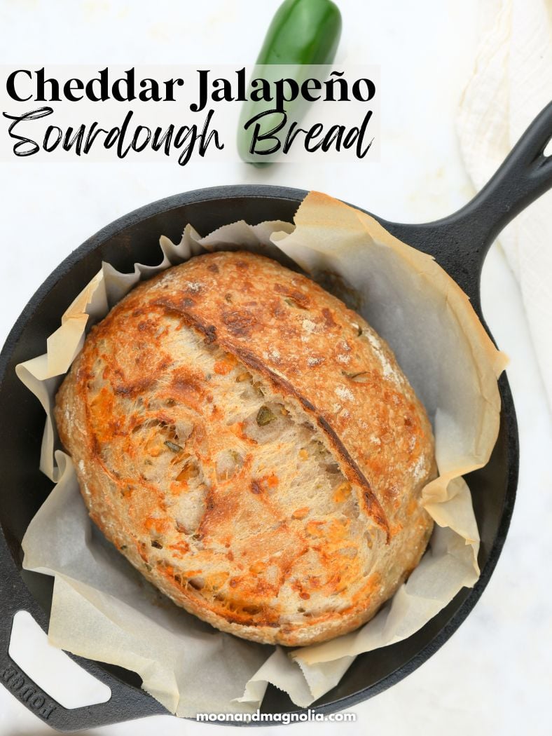 A sourdough boule in a cast iron Dutch oven next to a fresh jalapeño. Text overlay says, "Cheddar Jalapeño Sourdough Bread."