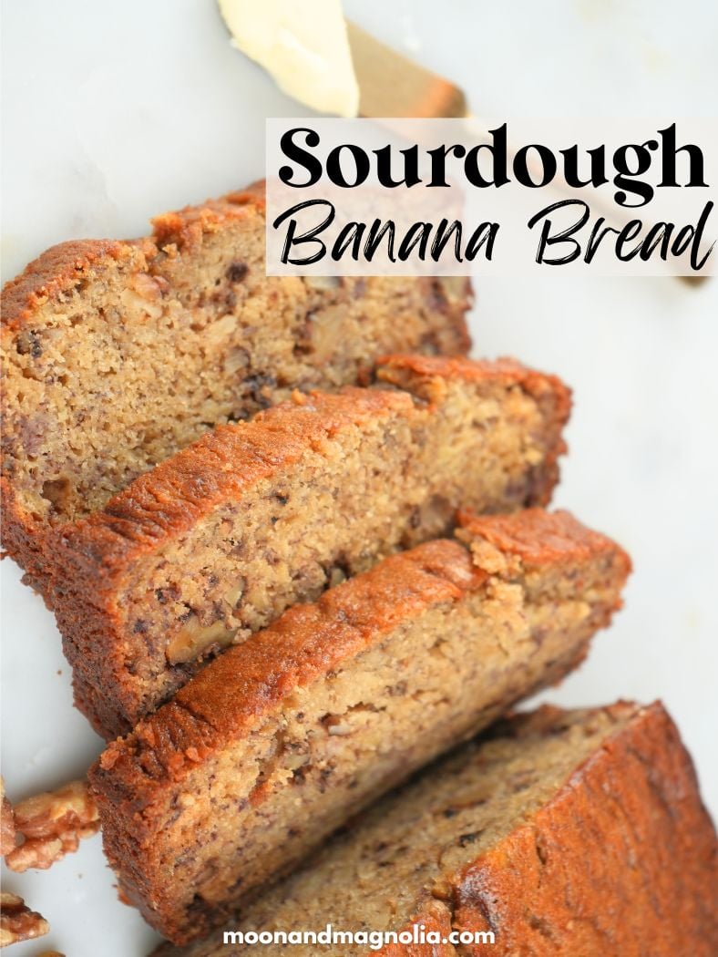 Overhead view of banana bread and a buttered knife. Text overlay says, "Sourdough Banana Bread"