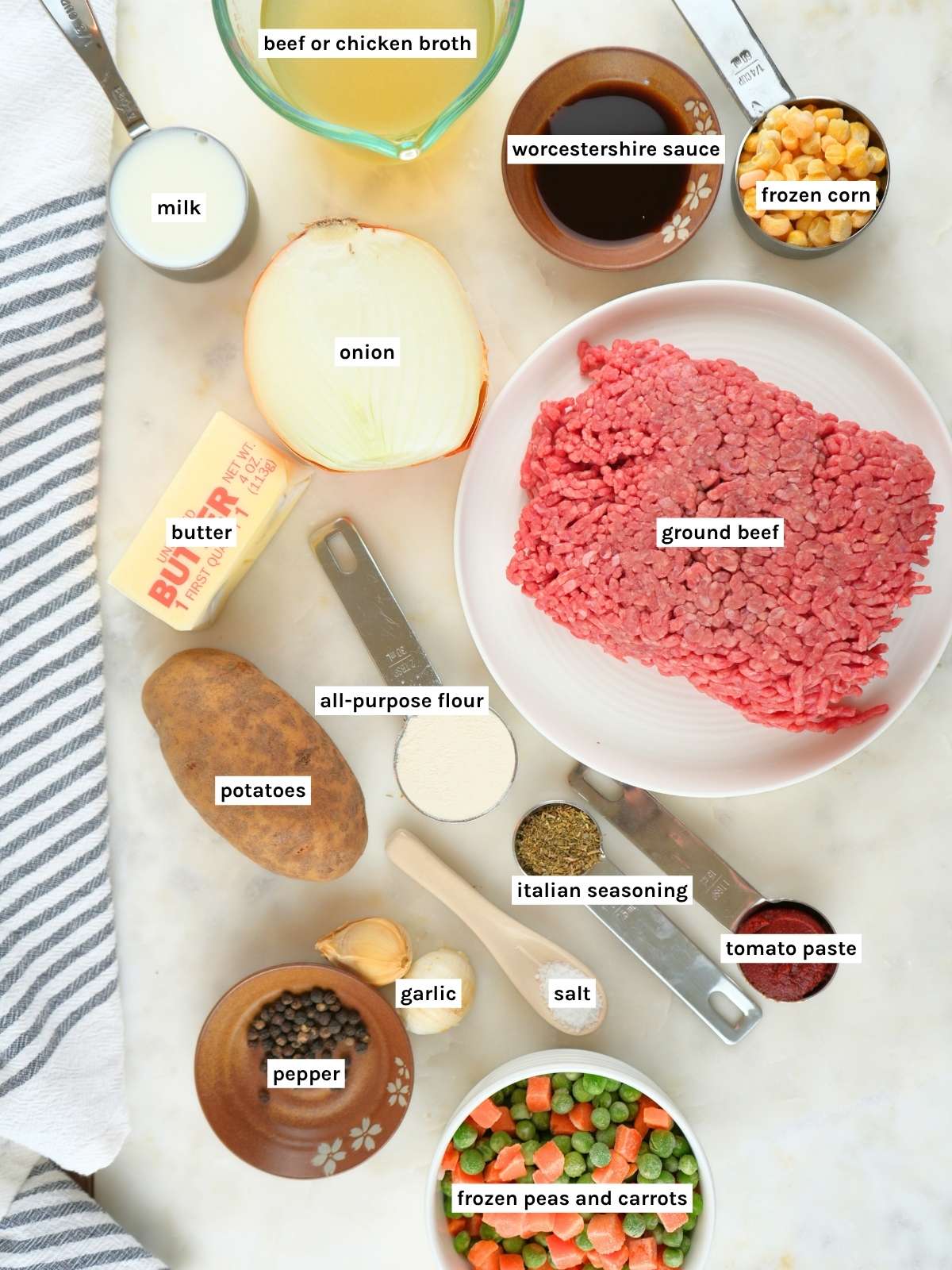 Shepherd's pie ingredients displayed and labeled.