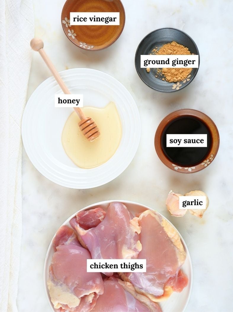 Honey garlic chicken ingredients displayed and labeled