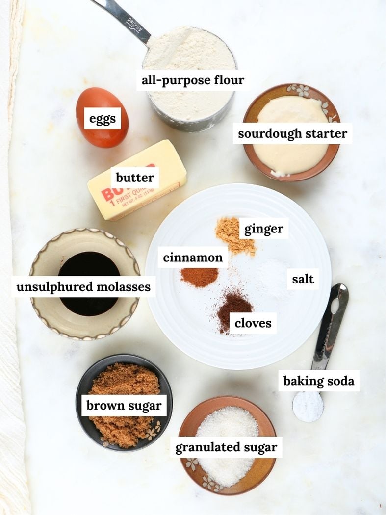 Ginger molasses cookie ingredients displayed and labeled