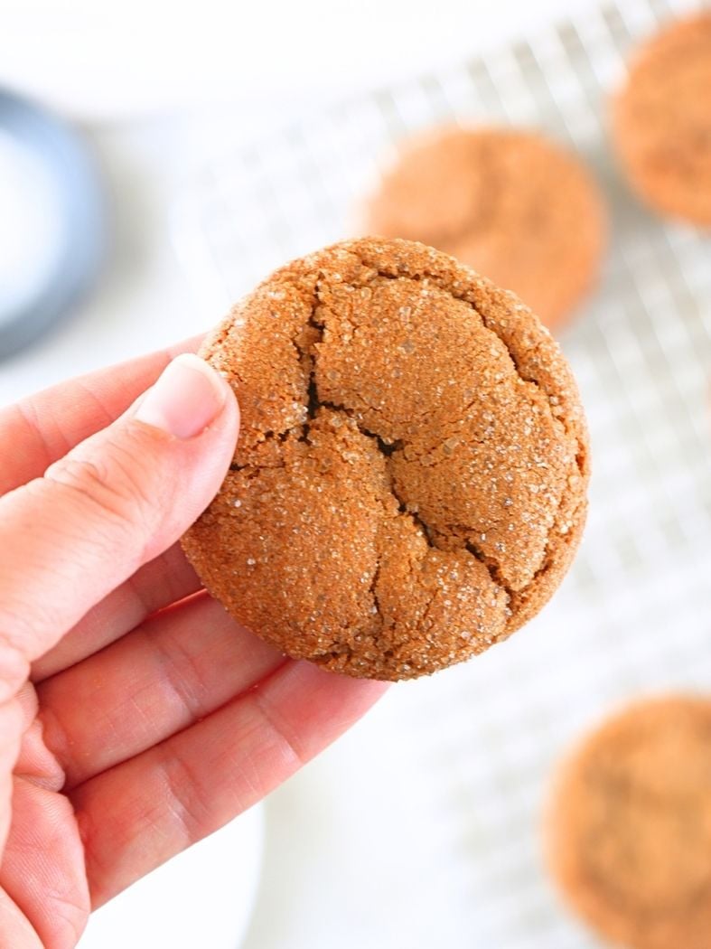 A hand holding a chewy sourdough ginger molasses cookie with more cookies in the background