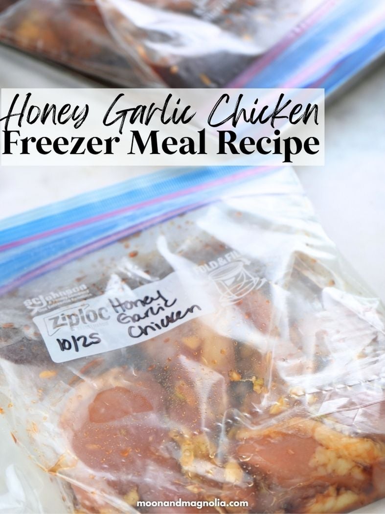 A freezer bag filled with honey garlic chicken. Text overlay says, "Honey Garlic Chicken Freezer Meal Recipe."