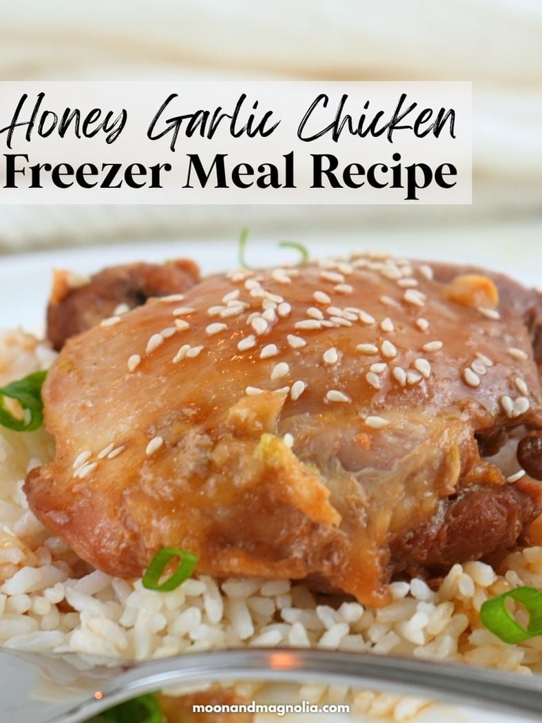 Chicken and rice on a plate with text overlay "Honey Garlic Chicken Freezer Meal Recipe."